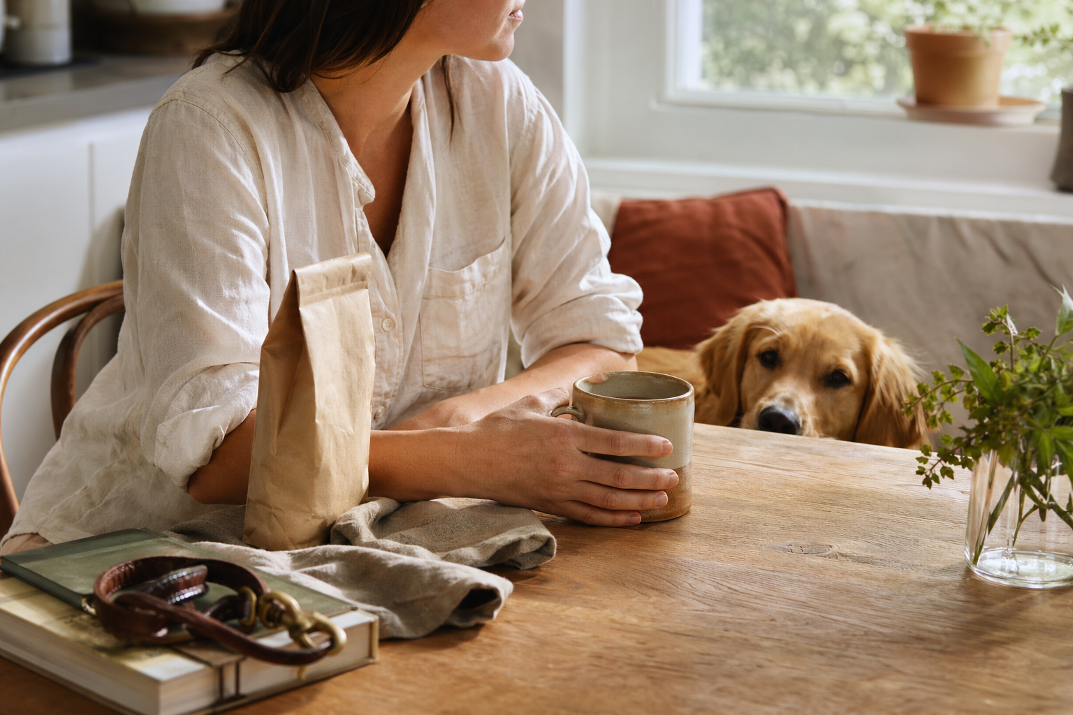 A warm morning table with coffee and a dog nearby.