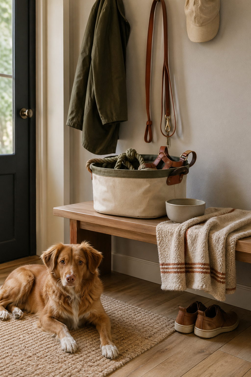 A neat dog-friendly entryway with hooks, baskets, and walking gear.