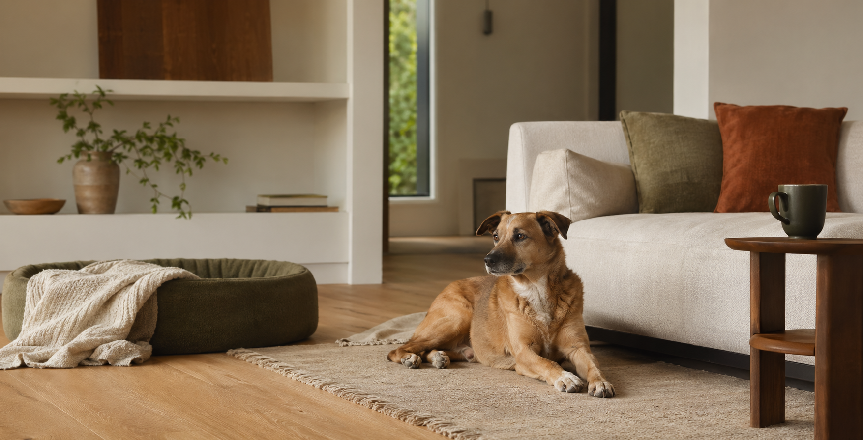 A calm dog resting in a design-forward living room.